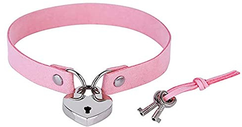Padlock Choker Collar Necklace Leather Heart Necklace with Lock Key Punk Cat Kitty Lolita Chain Jewelry for Women Girls (Pink)