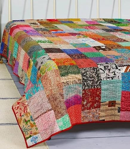 Estationeryhouse Indian Vintage patchwork Kantha Quilt Handmade Throw Blanket Bedspread SilkFabric BOHEMIAN quilt (108 x 108)