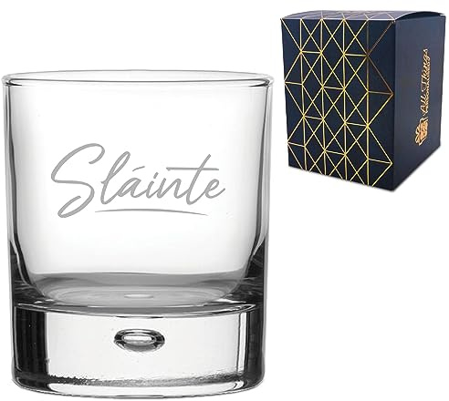 Engraved Novelty Whisky Glass Tumbler with Slainte Script Design, Gift Box Included, Laser Engraved, Gift for Dad Grandad Uncle Friend Colleague, Add an Optional Personalised Message on Reverse