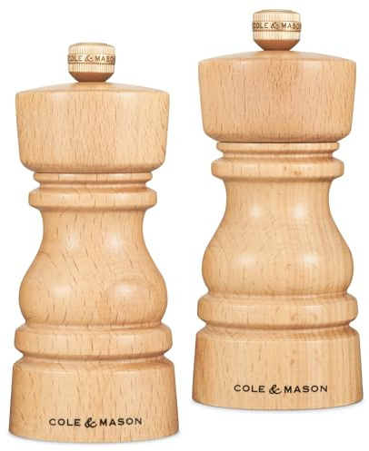Cole & Mason London Salz und Pfeffermühle Holz 13 cm Natürliches Buchenholz | Pfeffer und Salzmühle Holz, Keramikmahlwerk, verstellbarer Mahlgrad, Gewürzmühle, Salz und Pfeffermühle Set, Geschenkset