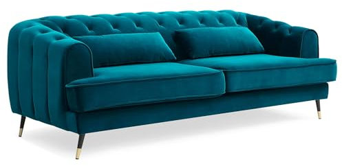 Menzzo Canapé capitonné 3 Places Style Boudoir Glams Velours Bleu Canard