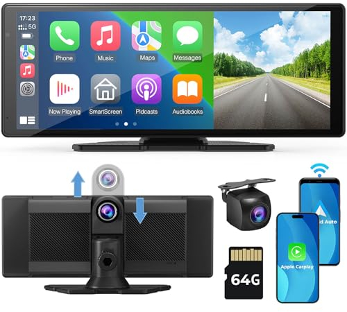Aphqua Car Play Screen 10.26 Inch Car Stereo for Apple Carplay & Android Auto, Dashcam and Reversing Camera, 64G Card/Loop Recording/GPS Navigation/Airplay/FM/AUX/Bluetooth