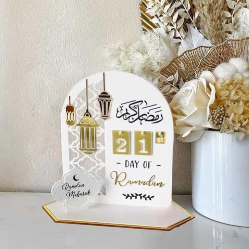 Ramadan Kalender 2024 2024 Eid Mubarak Weihnachtsdekoration Ramadans Adventsdekoration, Acryl DIY Countdown Adventkalender Eid Mubarak Dekoration für Zuhause Ramadan Ornament Geschenk (Weiß)