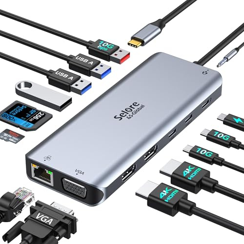 Selore USB C Docking Station Dual Monitor,Laptop Docking Station,14 in 1 Docking Station 3 Monitors with 2 HDMI,VGA,10G USB A/C,100W PD,6 USB A/C Ports,USB C Hub Multiport Adapter for Windows Laptops