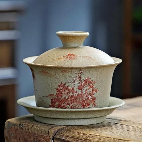 LAMPPE Ceramica Sancai Gaiwan Tazze da tè Cinesi in Argilla Viola Dipinte a Mano Kung Fu Teaware Ciotole da tè Set di zuppiera in Ceramica Tazze da tè