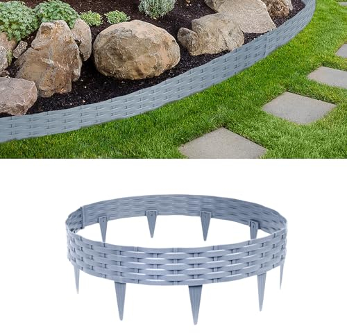 LILIIN 10m Rasenkante Kunstoff Beeteinfassung Gartenpalisade in Rattan-Optik, Beetumrandung Mähkante Randsteine Garten Dekorativ Border Blumenbeet Gartenpalisade, Grau
