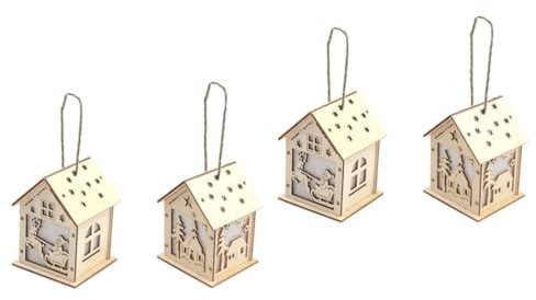 ABOOFAN 4 Stück Blockhaus in weihnachtlichem Glanz Weihnachtsdorf aus Holz Holzhaus Spielzeug weihnachtsschmuck Kinder weinachtsdekorationen für innen Christbaumschmuck Ornament hölzern