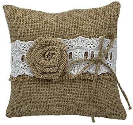Duiaynke Dekoratives Ringkissen aus Jute, Vintage, rustikal, Hochzeitsringkissen, Ringhalter, Kissen, 15 cm