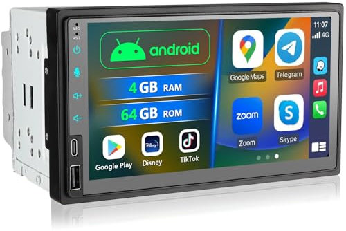 7 Zoll Doppel Din Android Autoradio mit Wireless Carplay, 4+64G Auto Radio Bluetooth mit Bildschirm, 2 Din Autoradio CarPlay Display mit Navi, WiFi, AM/FM/RDS, AUX/SWC