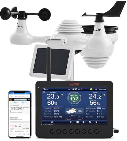 VEVOR Estación Meteorológica Inalámbrica 7 en 1 con Wi-Fi, 7 Pantalla a color TFT, Sensor Exterior de Energía Solar, Monitoreo de Temperatura, Humedad, Velocidad/Dirección del viento, Precipitación