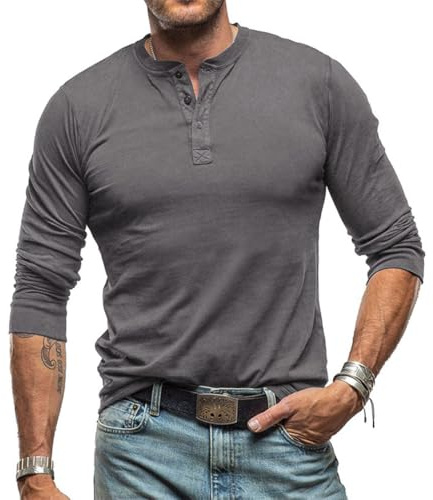RQPYQF Henley Camiseta Hombre Clásico Camiseta de Manga Larga Casual Camisa Henley de Manga Larga para Hombres CS37 (Gris Oscuro, L)