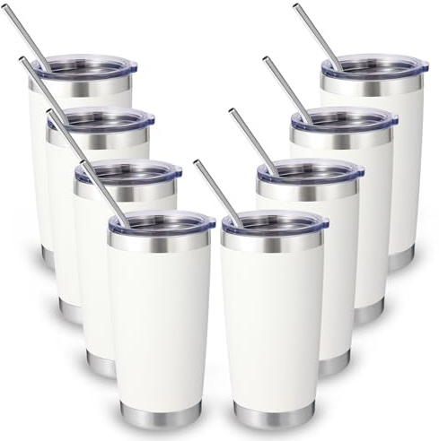 Volhoply 20 oz rostfritt stål tumlare med lock och sugrör storpack 8-pack, dubbelvägg isolerad resa iskaffemugg passar mugghållare, pulverlackerade koppar för varma/kalla drycker, gåvor till kvinnor