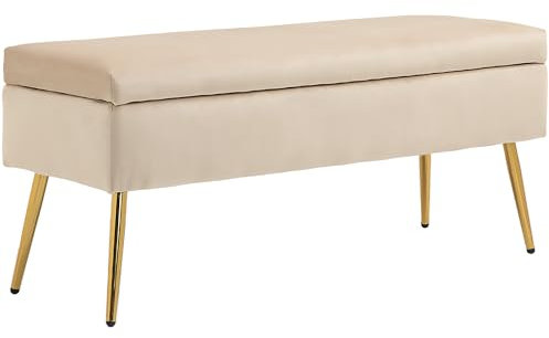 HOMCOM Banc Coffre Rangement 2 en 1 Banquette en Velours Banc de Rangement 30,5L avec Couvercle à charnière et Pieds en métal pour Couloir, Salon, Chambre - 102 x 35 x 43 cm, Beige
