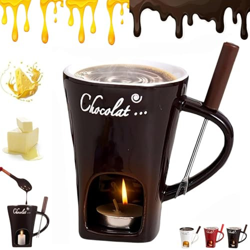 Schokofondue Tasse, Schokofondue Set Mit Gabel und Teelichtkerze, Mini Schokofondue für 2 Personen Aus Keramik, Multifunktionaler Schokoladenfondue Teelicht, Chocolate Fondue Melting Mug Cup (Brown)