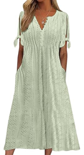 CheChury Vestido Casual Mujer Verano Largo de Playa Cuello en V Boho Bohemio Suelto A-Line con Bolsillos Manga Corta Midi Elegante para Vacaciones