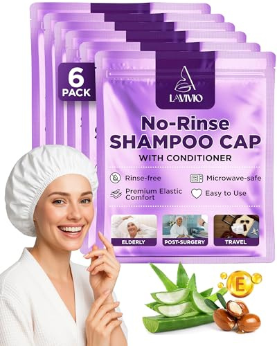LAVIVIO No Rinse Shampoo Caps – Waterless Hair Washing Shower Caps for Bedridden Patients, Elderly & Hospital Use – Disposable Rinseless Conditioning Bathing Supplies with Aloe Vera, Vitamins - 6 Pack
