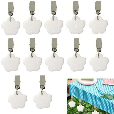 12 Stück Flower Tischdeckenbeschwerer Naturstein, Tischdeckenhalter Draußen Tischdecken Beschwerer Draußen mit Stahl Klammer Tischdecken Beschwerer Draußen für Familie Party Hochzeit Garten Picknick