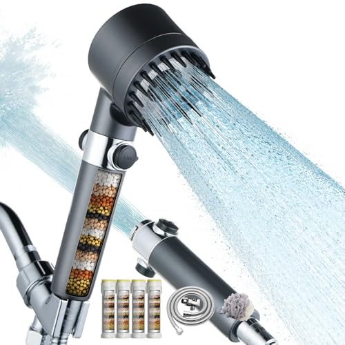 CWPW Filtered Shower Head with Handheld High Pressure 4 Spray Showerhead with Filters for Hard Water-Remove Chlorine ON/OFF Switch for Pets,With 79 Stainless Steel Hose,Bracket,4 Filters,Bath Loofah
