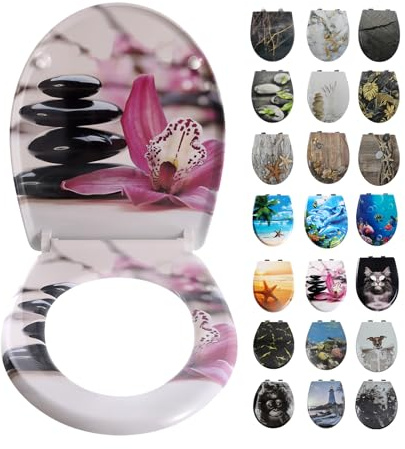 Toilettendeckel mit Absenkautomatik, WC Sitz mit Absenkautomatik Oval Form klodeckel Einfache Reinigung, Abnehmbarer WC-Sitz, 150kg belastbar, einfache Montage – Motiv: Rote Blume & schwarze Steine