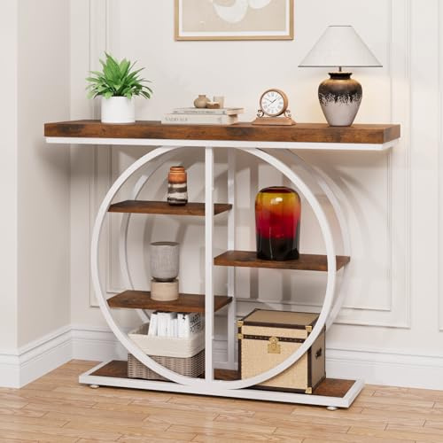 JUSTOGO Industrial Console Table for Living Room, White Hallway Table with 5-Tier Storage Shelves, Narrow Sofa Table Entryway Table Display Stand Furniture for Home, Bedroom, Foyer, Entrance