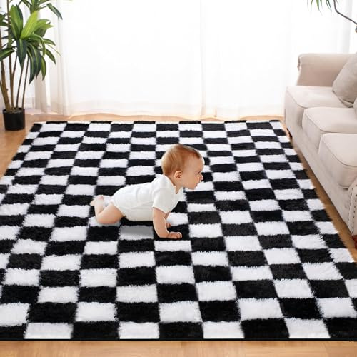 Hochflor Teppiche Wohnzimmer Flauschiger Weich, 160x220cm, Schwarz und Weiß | Schachbrettmuster Wohnzimmerteppich Shaggy Flur Modern Weich Teppiche für Deko/Schlafzimmer/Kinderzimmer