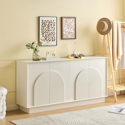 PUGSDRLY Buffet Contemporain Blanc avec Portes arcuées, Meuble de Rangement à Quatre Portes adapté aux Salons et salles à Manger, avec Finition Mate (160 L x 38 B x 80 H)