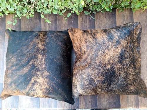 Set of 2 Brindle Cowhide Cushion Cover Pillowcase - Genuine Brown Leather Throw Pillow Cover for Sofa, Bed or Chair, Rustic Western Decor 16 X 16