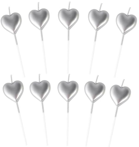 ZHAOYCSH Bougies d'anniversaire Décoratives en Forme de Cœur - Lot de 10 Pièces en Métal Argenté pour Décoration de Gâteau - Bougies de Fête Élégantes et Festives pour Célébration.