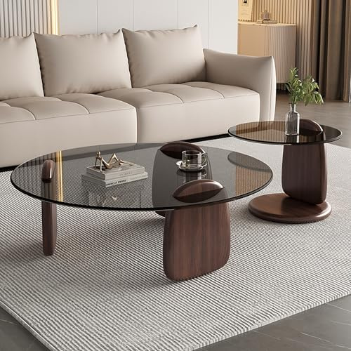 Soffbord I Säte, set Om 2, Runda Soffbord för Vardagsrum, Skiva I Härdat Glas, Ben I Massivt Trä För Vardagsrum, Små Utrymmen - Lätt Att Montera(Brown-B,80+50cm/31+20in)