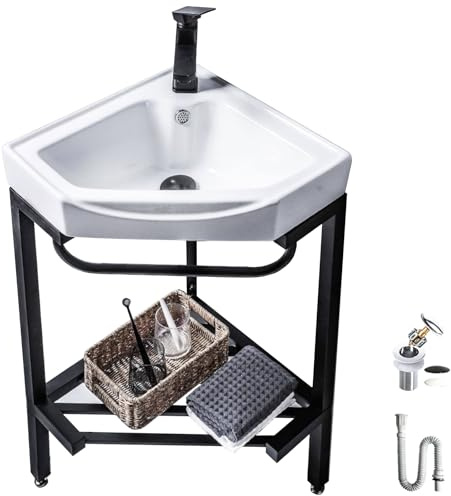 Lavabo Angolare Mobile in Ceramica per Bagno con Ripiano Portaoggetti, Lavandino Bagno con Rubinetto Estraibile per Piccoli Appartamenti, Balconi, Bagni e Garage(43x62x86cm/17x24.5x34in)