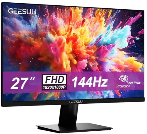 GEESUU Monitor PC 27 Pulgadas, Computer Gaming Pantalla Ordenador 144Hz, Full HD, VESA 75x75mm, VA, 99% sRGB, Baja Luz Azul, HDMI 2.0, DP 1.2