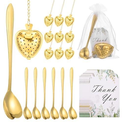 sourcing map 25 Set Bridal Shower Tea Party Favor for Heart-Shaped Spoon Heart Shape Infuser Ball with Thank You, Card Mesh Bag, for Wedding Souvenir Gift, Tea Accessories, Return Gift, Gold