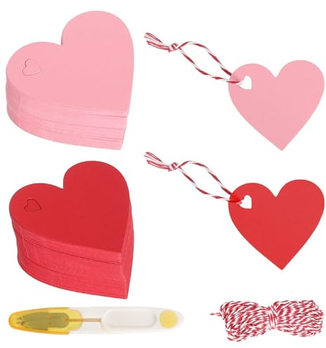 SLIAXINT 200 Stück Herz Kraftpapier Anhänger Geschenkanhänger Hochzeit Papierherzen Papieranhänger mit Baumwollschnur 20m und Schere Anhänger Etiketten für Party Geburtstag Valentinstag, Rot Rosa