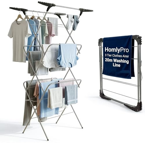 HomlyPro 3 Tier Clothes Airer - 20m Washing Line, Foldable Laundry Rack with Heavy Duty Steel Frame, Non-Slip Feet, Corner Hanger Hooks, Space Saving Clothes Drying Rack for Indoor Outdoor Use