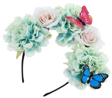 COOLHIYA Schmetterlings Haarreif mit Künstlichen Blumen Leichtes Grünes Stoff Stirnband für Damen Weiche Textur Sicherer Sitz Geeignet für Hochzeiten und Trendige Events