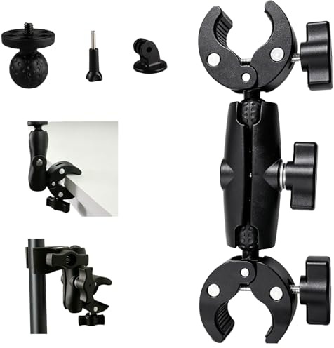 oupados Universal kameraklämfäste med dubbelt bollhuvud, 360° roterbar actionkamerahållare, kompatibel med ljusstativ, stativ, paraply, reflektor, cykelhandtag, motorcykel
