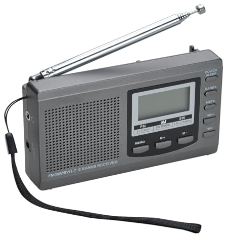 AM/FM SW1-7 9 Band Portable Radio Receiver with Loud Speak and Earphone, Excellent Reception 12/24H Time Display Digital Radio, Backlight, Sleep, Ascending Alarm, Battery Operated (Gray)