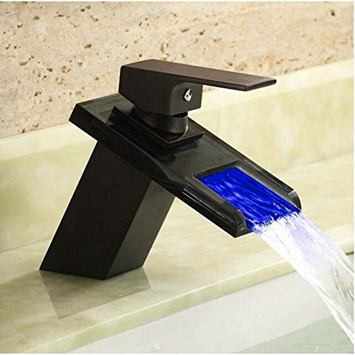 YHSGY Grifos de cocina El Aceite Antiguo Frotó El Bronce El Grifo Del Fregadero Del Lavabo Del Cuarto De Baño Del Grifo De La Cascada De Led Llevó Con Dos Pcs 50Cm Mangueras De La Plomería