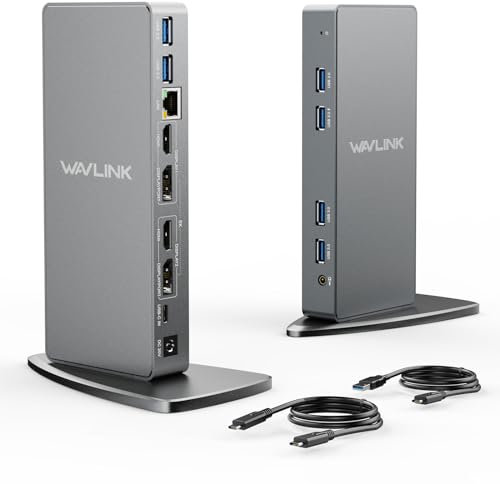 WAVLINK Docking station universale per laptop Dual 4K USB C, Dual 4K a 60Hz & Single 5K a 60Hz, 2 porte HDMI e DisplayPort, 6 USB 3.0, Gigabit Ethernet, audio per Windows e Chrome OS