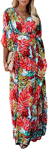YouKD Damer, sommar, bohemisk lång kaftan, etniskt mönster, maxiklänning, strand, bikini, skydd, solskydd