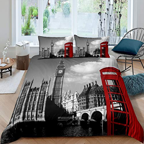 Loussiesd London Thema Bettwäsche Set London Telefonzelle Stadt Bettbezug Set Jungen Mädchen 135x200 cm Microfaser Betten Set mit Reißverschluss und 1 Kissenbezug 80x80 cm