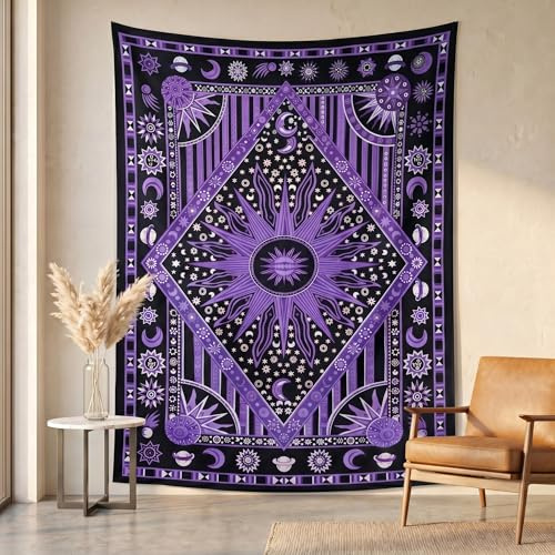 THE ART BOX Tapiz psicodélico para colgar en la pared con diseño de mandala hippie, sol ardiente, luna, morado, 140 x 210 cm, estético, bohemio, decoración del hogar, tarot celestial, tapices del