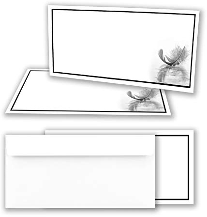 Set di 15 biglietti di condoglianze, con busta, formato DIN lungo, motivo cornice nera con piuma, biglietti di ringraziamento, senza finestra, biglietto di condoglianze