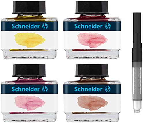 Schneider Tintenfass Pastell Geschenkset (4x Tintenglas 15ml, inkl. Konverter) Blush, Rose, Lemon Cake, Cognac