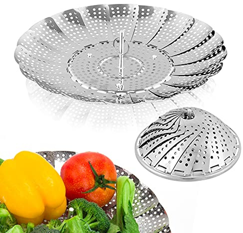 SAYFINE Cesta de vapor de verduras de acero inoxidable de alta calidad, plegable y expandible para adaptarse a ollas de varios tamaños (pequeña (5.1 a 9 pulgadas)