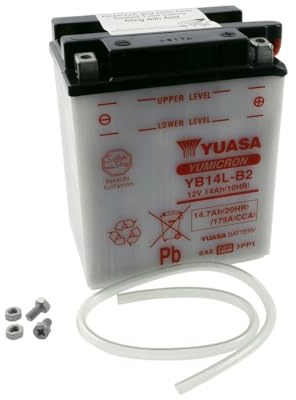 Yuasa YB14L-B2 Motorradbatterie, trocken geliefert, 12 V, 14 Ah, Maße: 135 x 91 x 167 mm, kompatibel mit Suzuki LS650, F, P Savage 650 1986-2008 | Trockenbatterie ohne Säurepack, 175 CCA, Vergleichstypen FB14L-B2, CB14L-B2, 51413; kompatibel mit Suzuki LS650 1986-2008