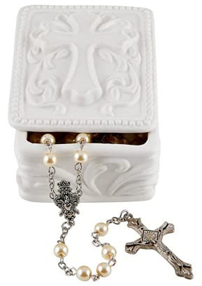 Boîte à bijoux rectangulaire en porcelaine blanche avec croix