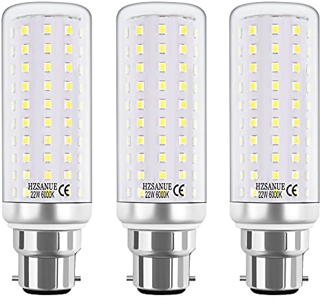 HZSANUE LED Ampoule à Maïs 22W, B22 LED Baïonnette Ampoules, 6000K Blanc Froid, 180W Équivalent Ampoules à Incandescence, 2500LM, Pack of 3