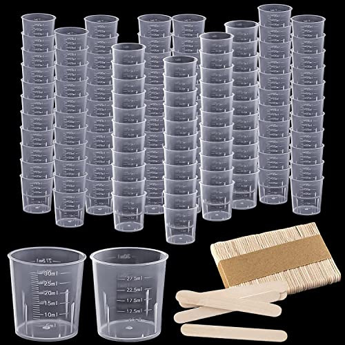 Messbecher Mischbecher 80Stk Meßbecher Kunststoff Mit 80Stk Holzstäbchen für Mischen Farbe labor Epoxidharz Kochen und Malerei Zubehör(30ml)