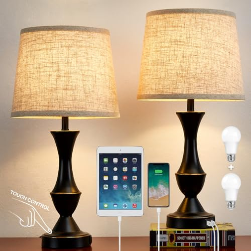 Luvkczc Upgraded Touch Table Lamps Set of 2, 22 Tall Bedside Lamps with USB C+A Ports, Dimmable Nightstand Lamps for Bedroom, Living Room, Office, Black Lamp with Beige Lampshade, Bulb Included